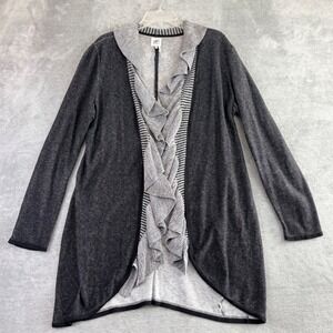 ZOZO L Open Front Ruffle Cardigan Sweater Charcoal Striped Trim Boho Art to Wear